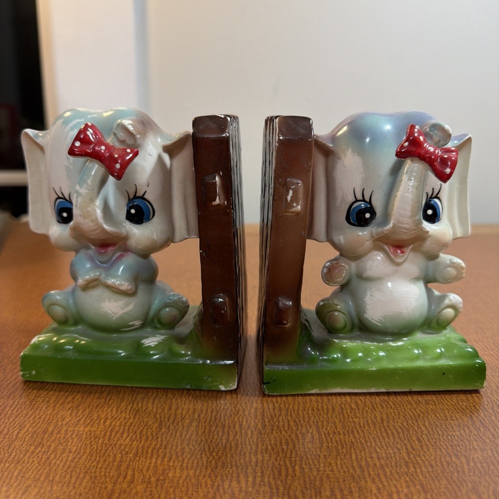 Vtg MCM Kitsch Elephant Bookends Red Bows Green Grass Base Resembles Dumbo 4.5"H